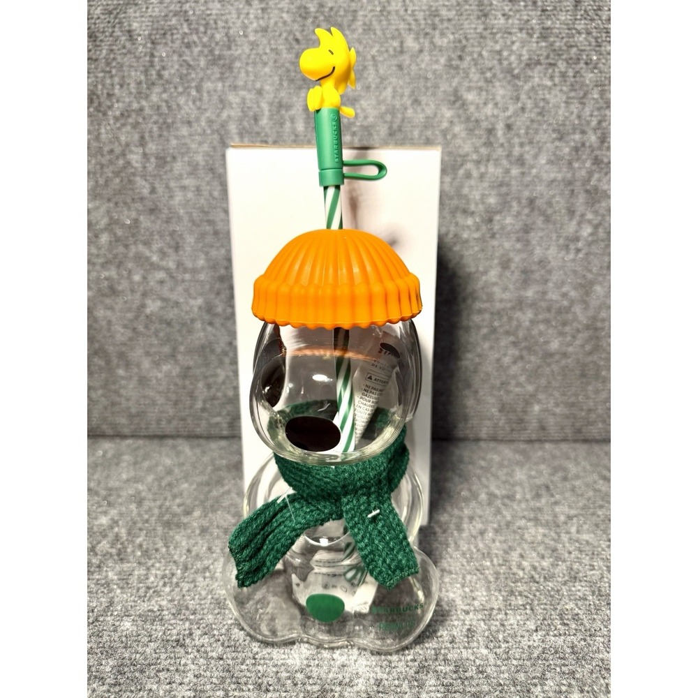 Starbucks Peanuts Snoopy Glass Cup Woodstock Straw Topper Orange Lid 20oz NEW